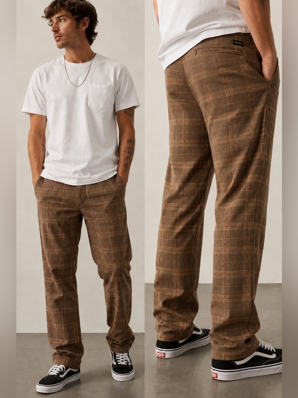 Brixton Choice Chino Pants 36 Brown Tan Plaid Standard Fit Straight Leg Skate